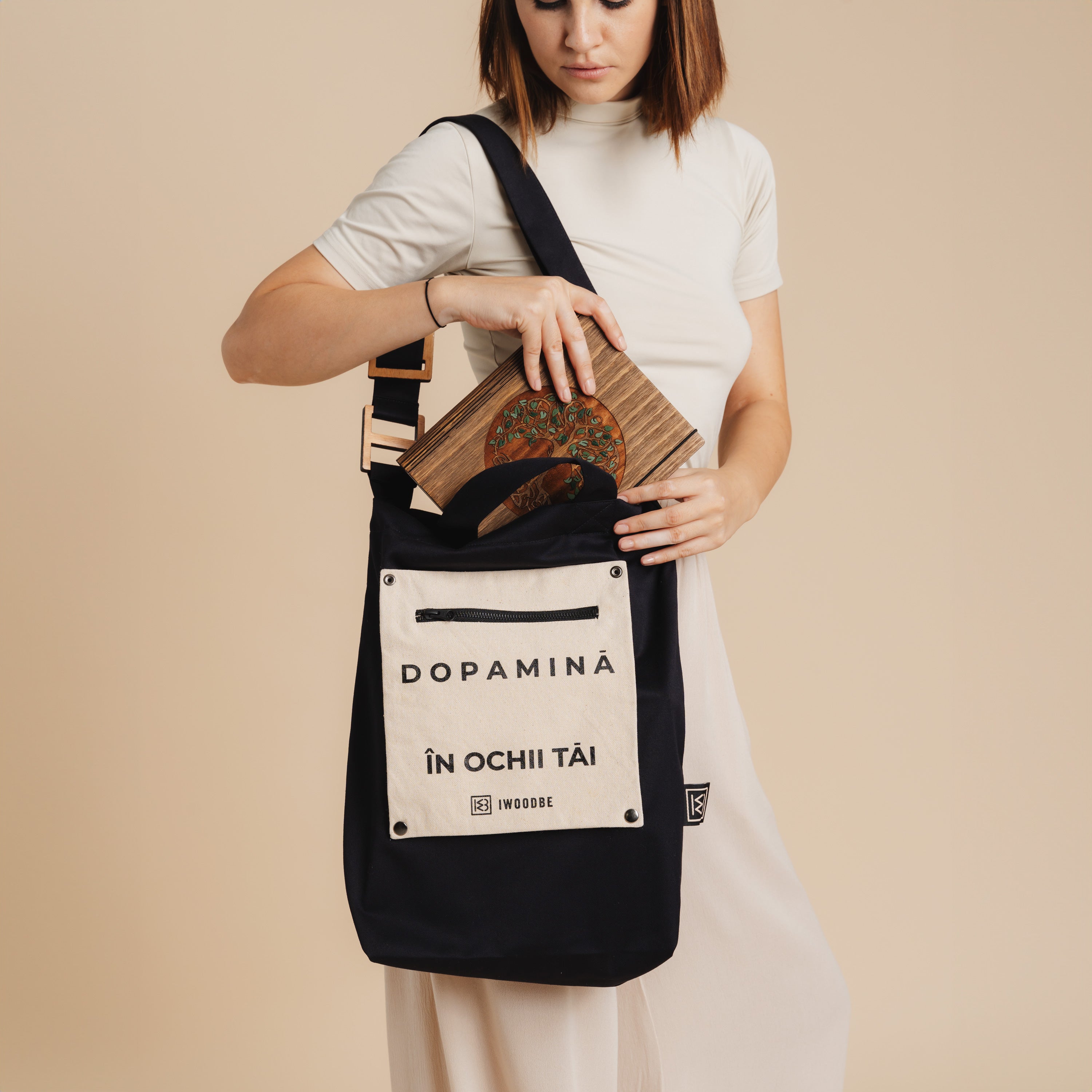 GEANTĂ BUMBAC DOPAMINĂ, Barete reglabile, Buzunar detasabil