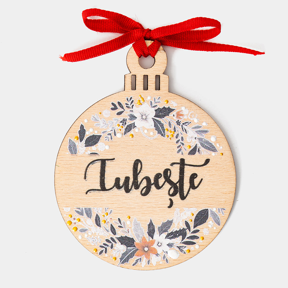 Decoratiune Craciun, Glob lemn Iubeste, 100x90x4mm