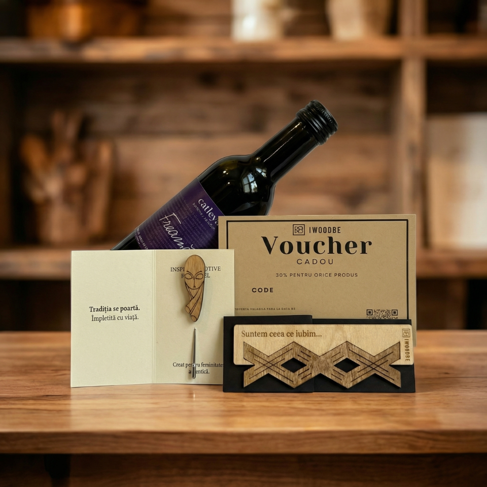 Pachet Cadou Martie - Martisor Brancusi, Semn Carte, Vin, Voucher