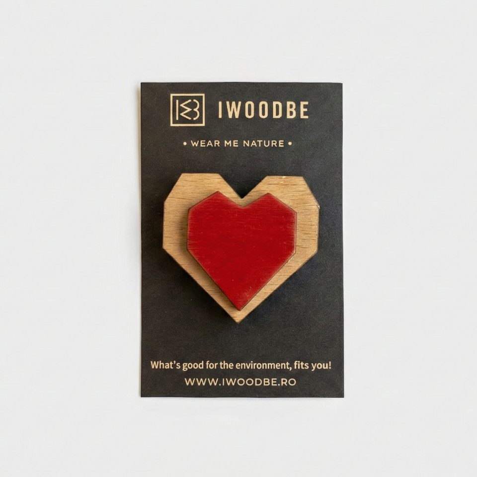 Martisor Brosa Inima Dubla, Lemn, Pictat manual