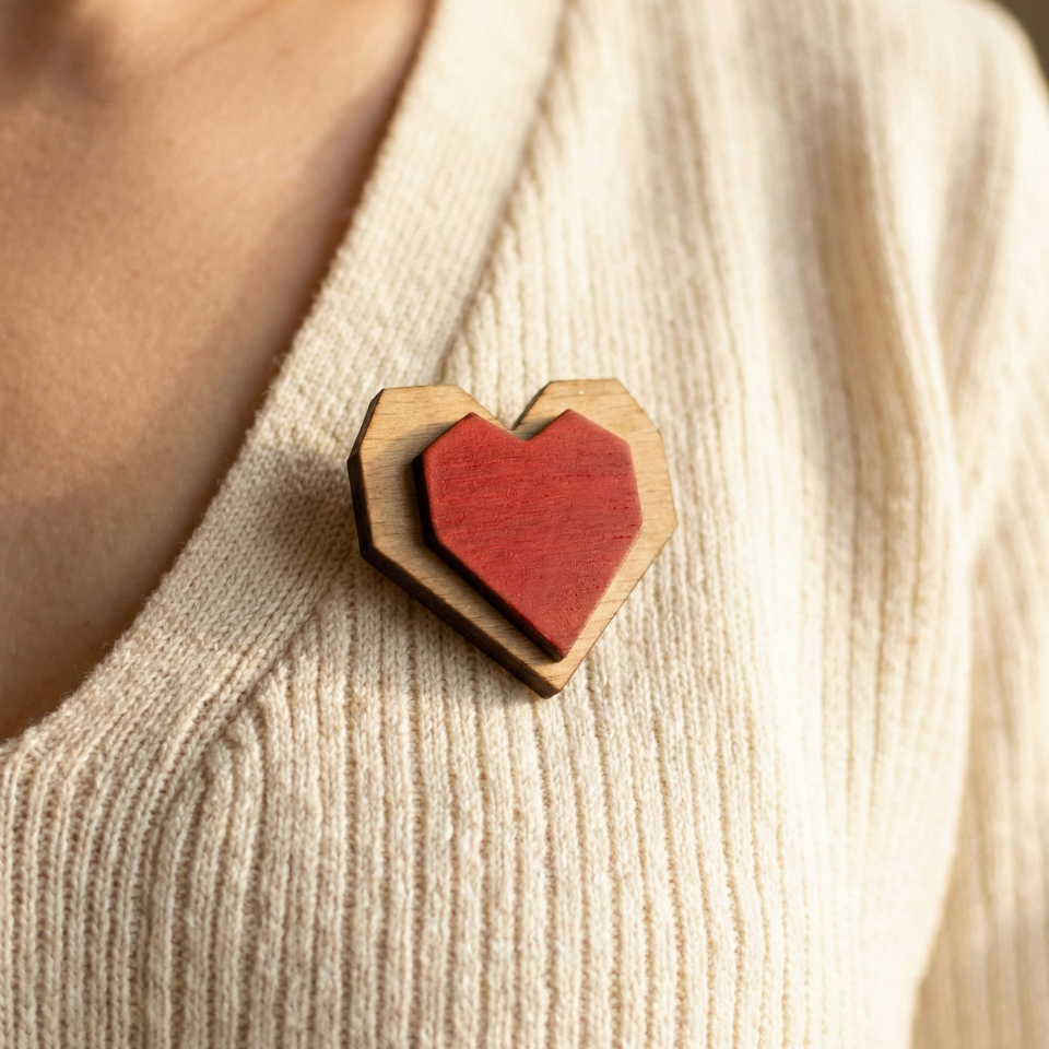 Martisor Brosa Inima Dubla, Lemn, Pictat manual