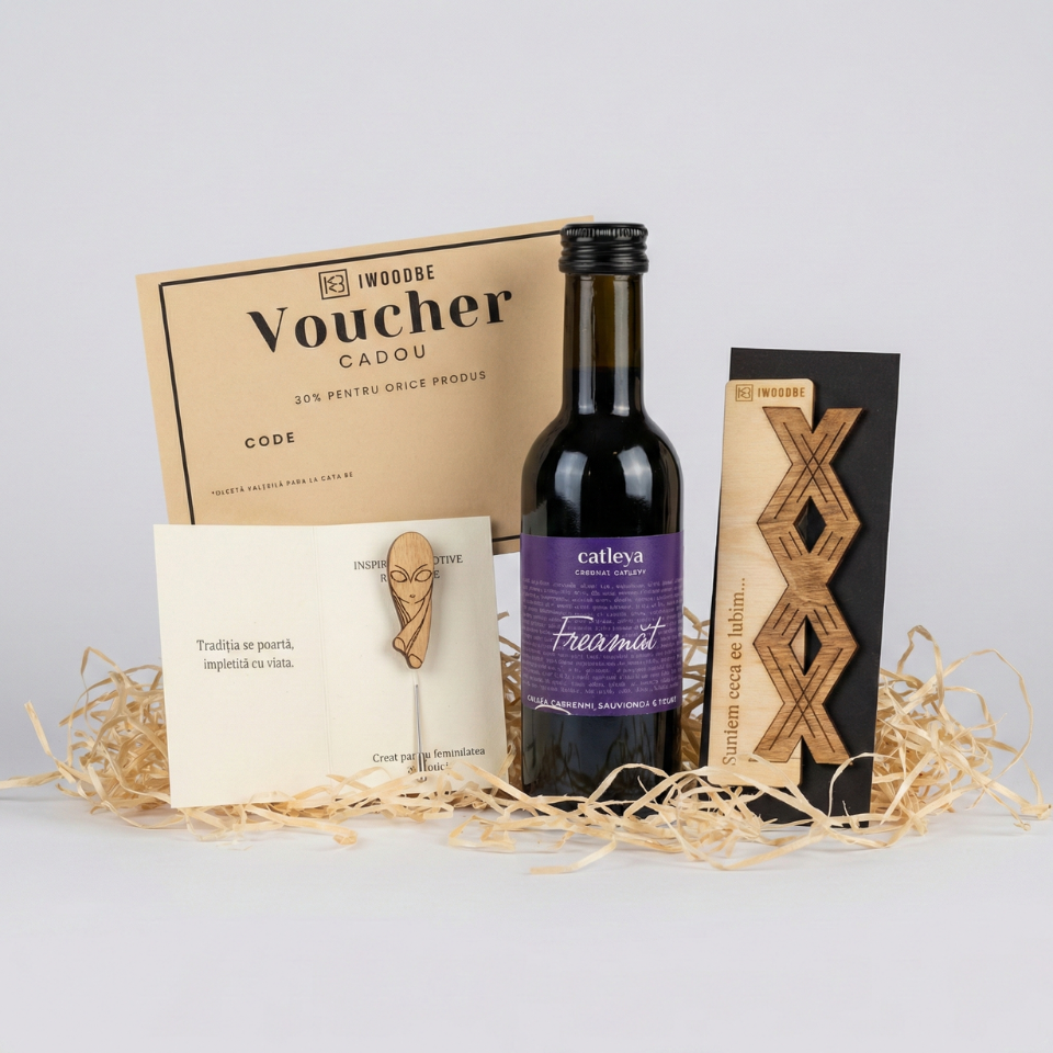 Pachet Cadou Martie - Martisor Brancusi, Semn Carte, Vin, Voucher